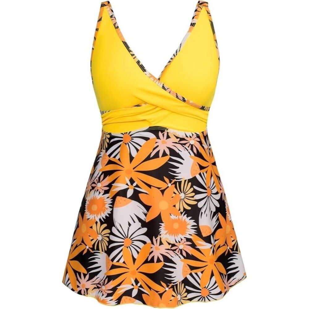 Grace Karin Women's Floral Tankini Set 2PC Swimsuit Small V-Neck High Yellow